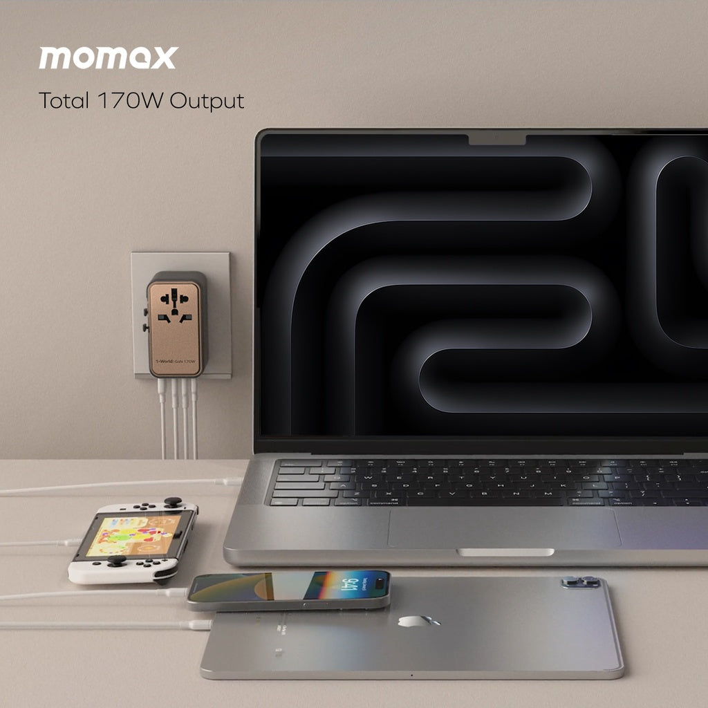 محول سفر Momax 1-World GaN بقدرة 170 واط | 4 منافذ + AC | تيتانيوم صحراوي محول سفر Momax 1-World GaN بقدرة 170 واط | 4 منافذ + AC | تيتانيوم صحراوي